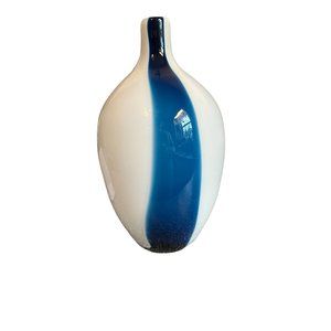 Hand Blown White Blue Stripe Art Glass Vase Minimalist 11" tall